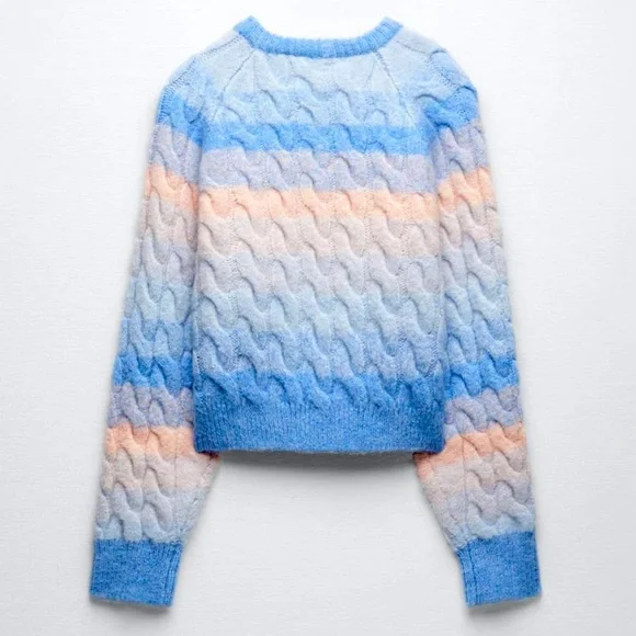 Zara Ombre Cable Knit Button Front Cardigan in Blue Pink - Picture 3 of 11